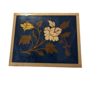 Reuge Italy Musical Jewelry Box Blue Wood Marquetry Floral Inlay Vintage Swiss